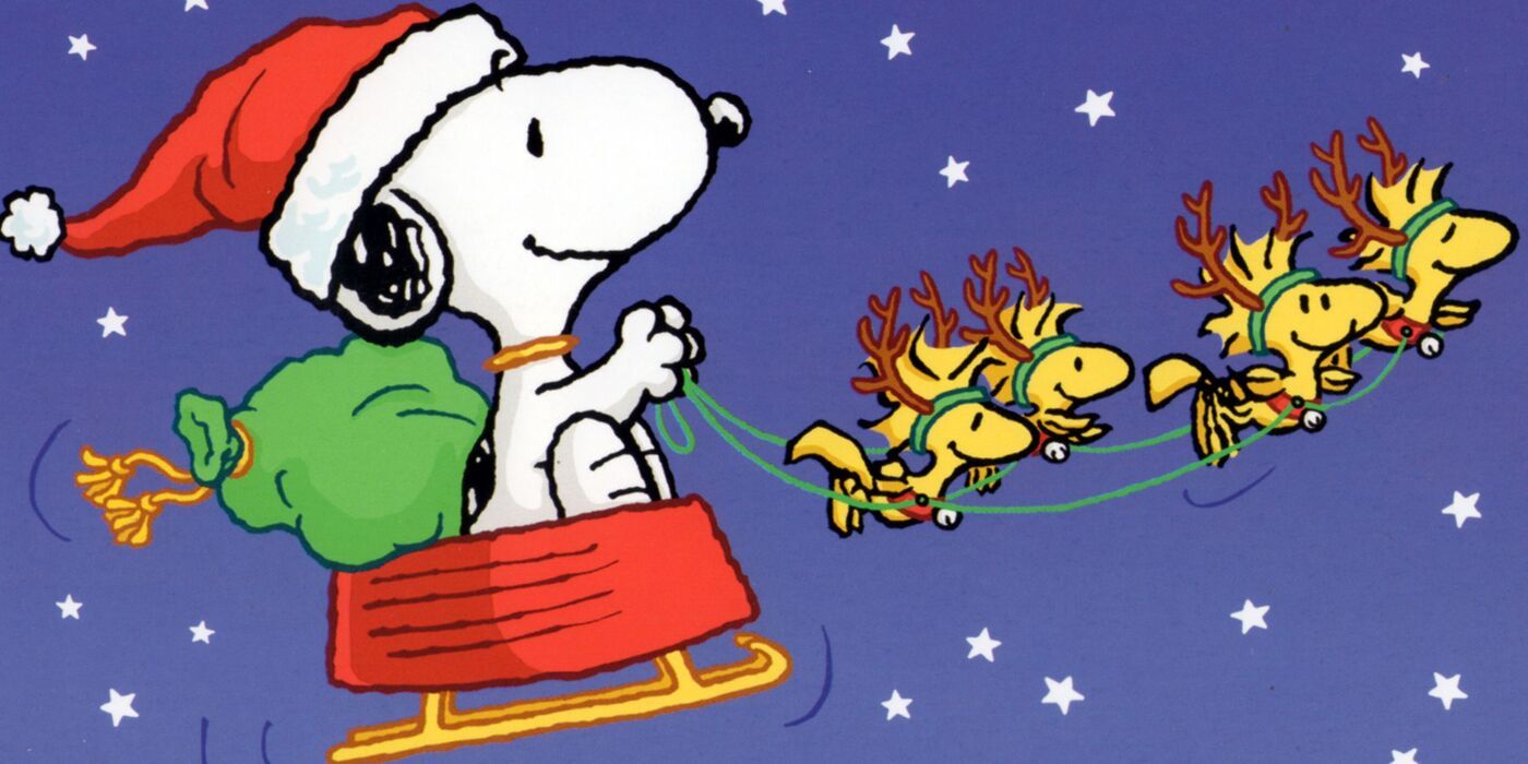 Snoopy as Santa with the Beagle Scouts as reindeer.