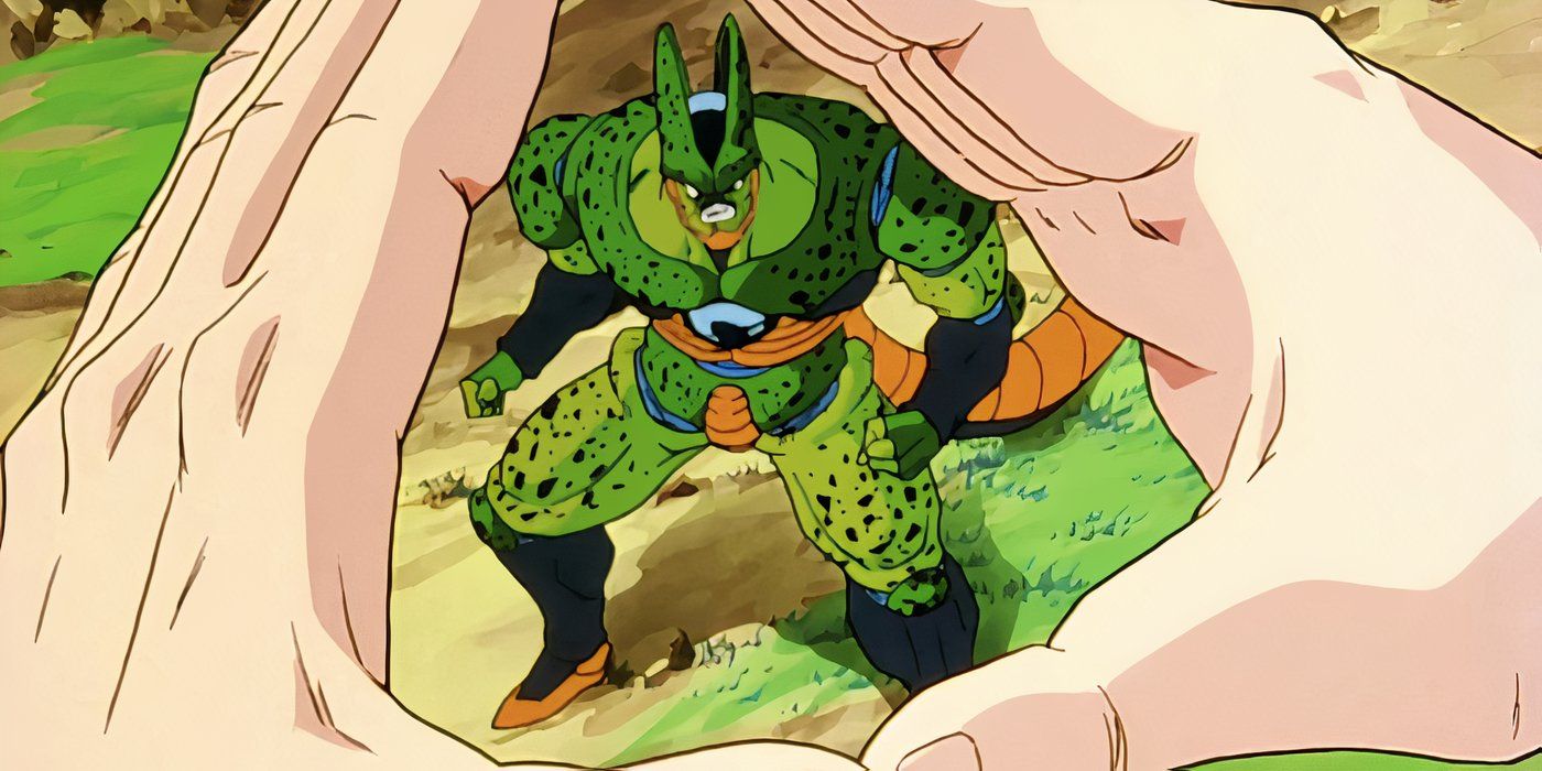 Cell no alvo de Tiens Neo Tri-Beam durante a Cell Saga de DBZ.