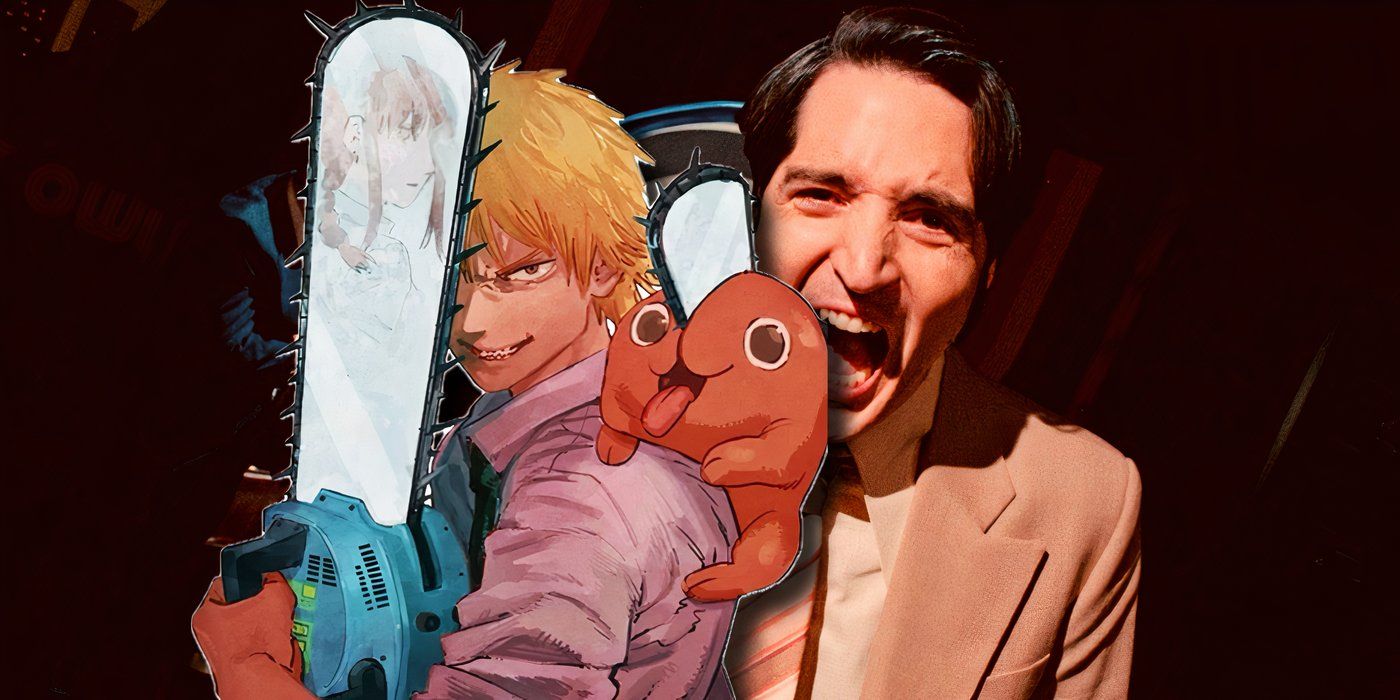 Denji and Pochita posing with a chainsaw in front of a promo image from Late Night with the Devil.