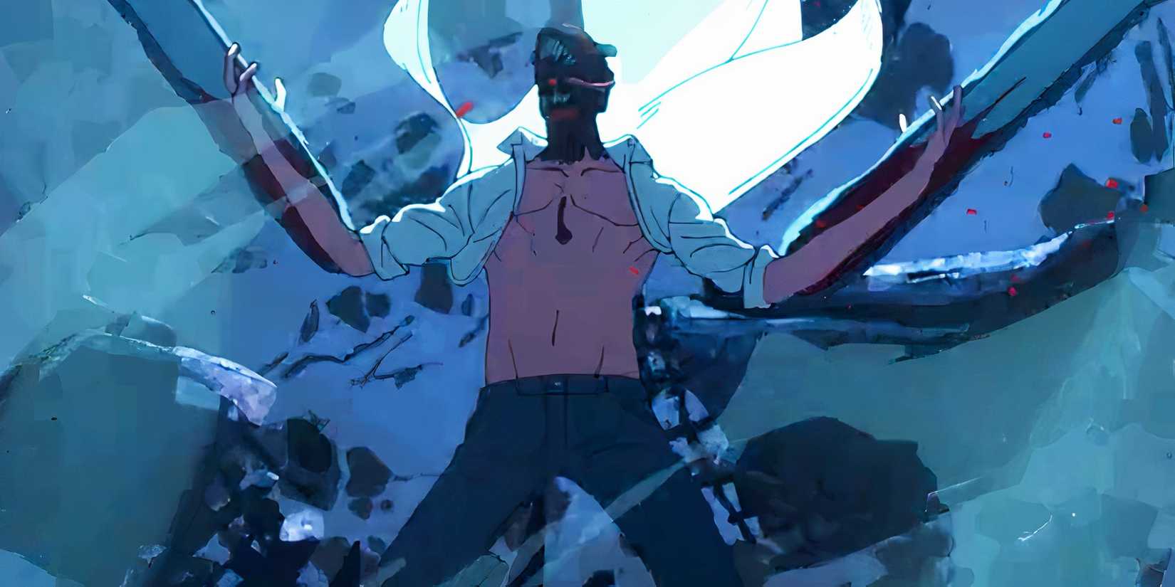 Chainsaw Man's Denji with his shirt unbuttoned as he howls with his chainsaws out.
