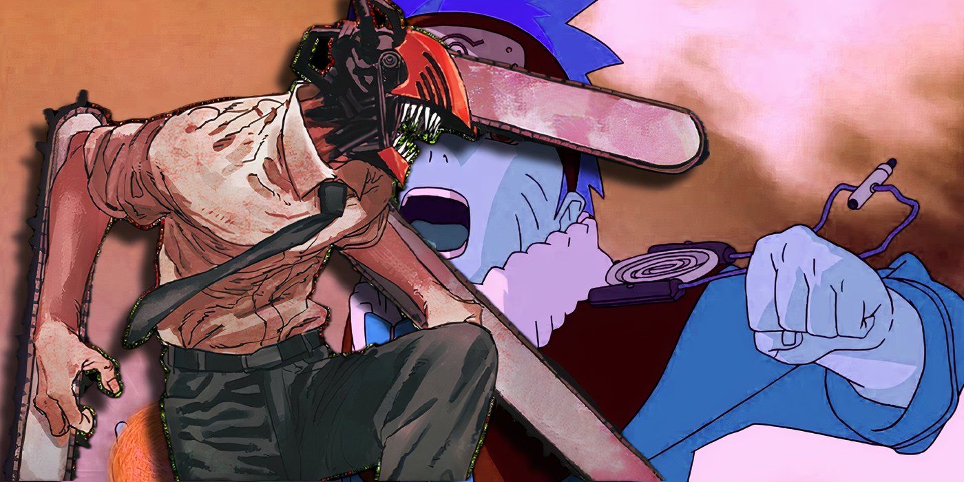 Chainsaw Man striking a pose in front of a shot of Naruto.