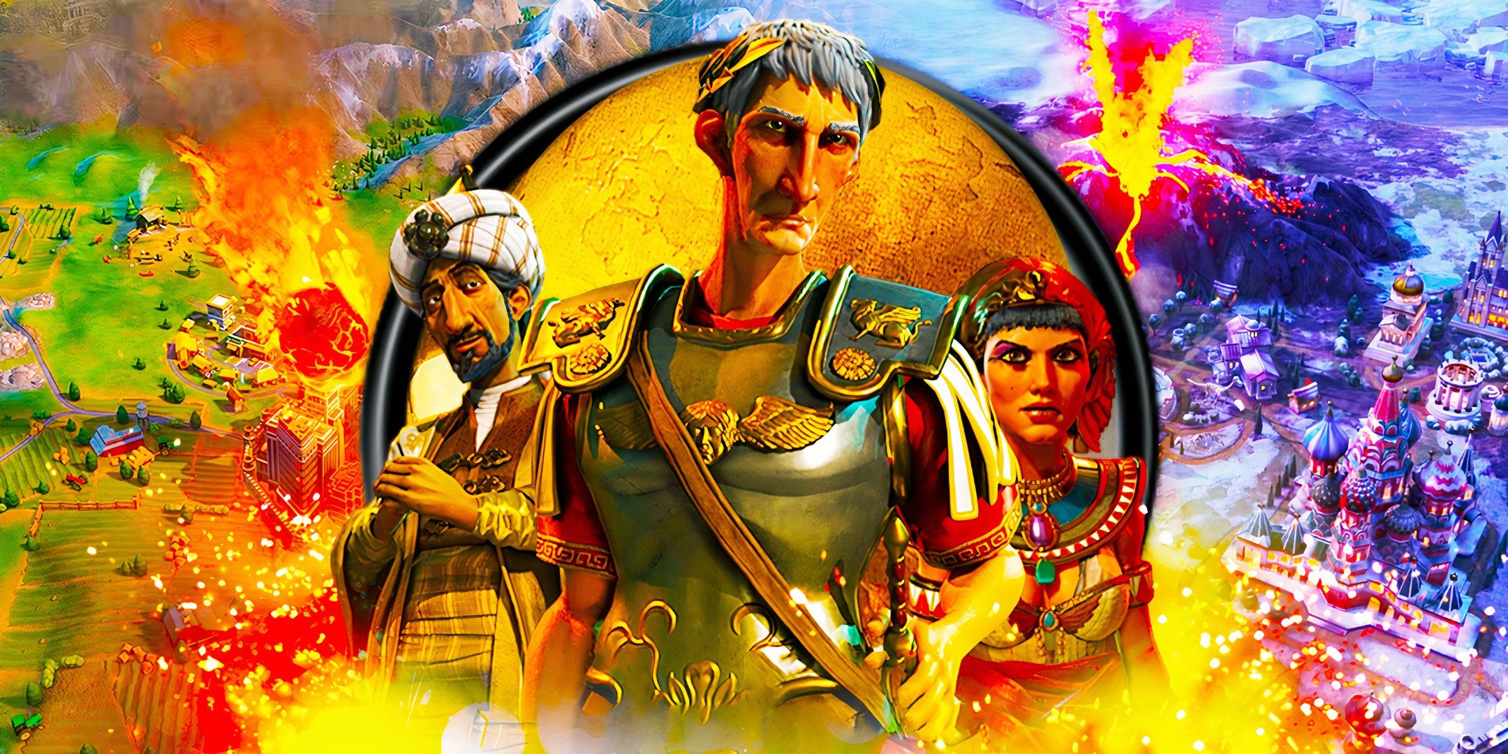 Personagens de Civilization 6 com cidades e apocalipse