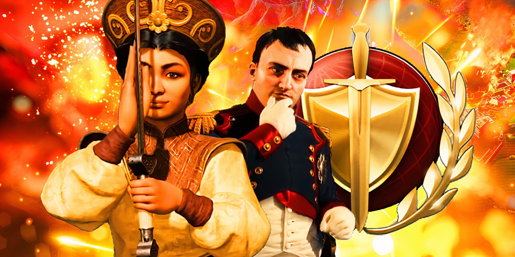 Characters from Civilization 7 with domination victory logo