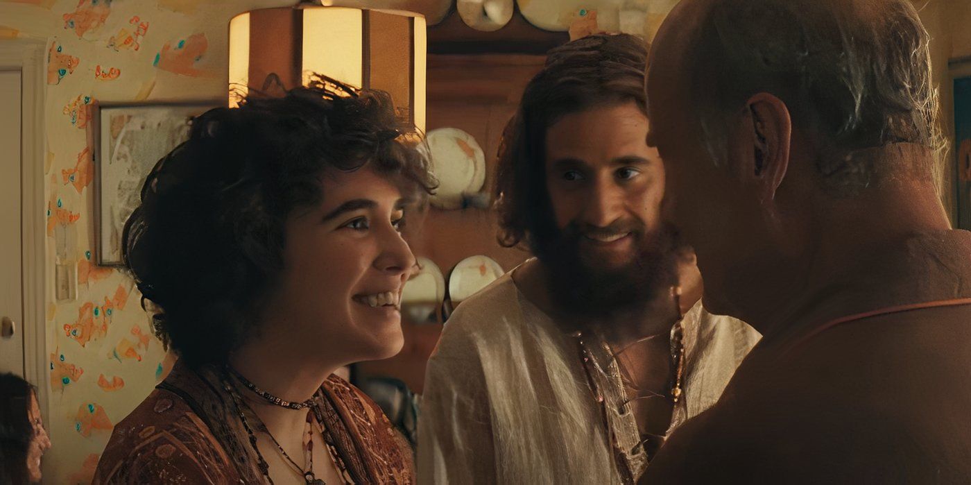 Charlie Morgan Patton smiling at Kelsey Grammer as Jonathan Roumie looks on in Jesus Revolutiohn