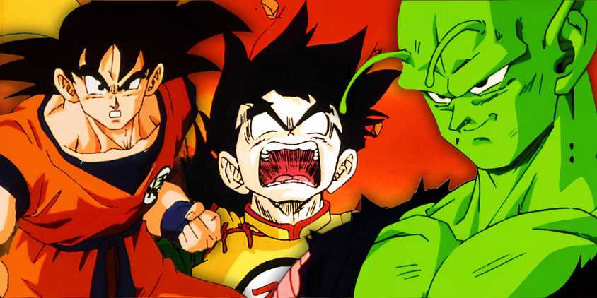 Child gohan in the background enraged as Goku is shocked with Piccolo smirking in the front