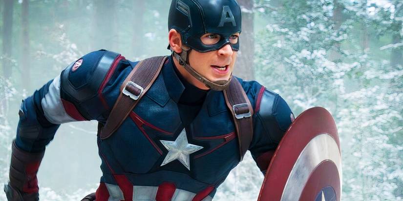 Chris Evans as Captain America running in the forest in Avengers Age of Ultron