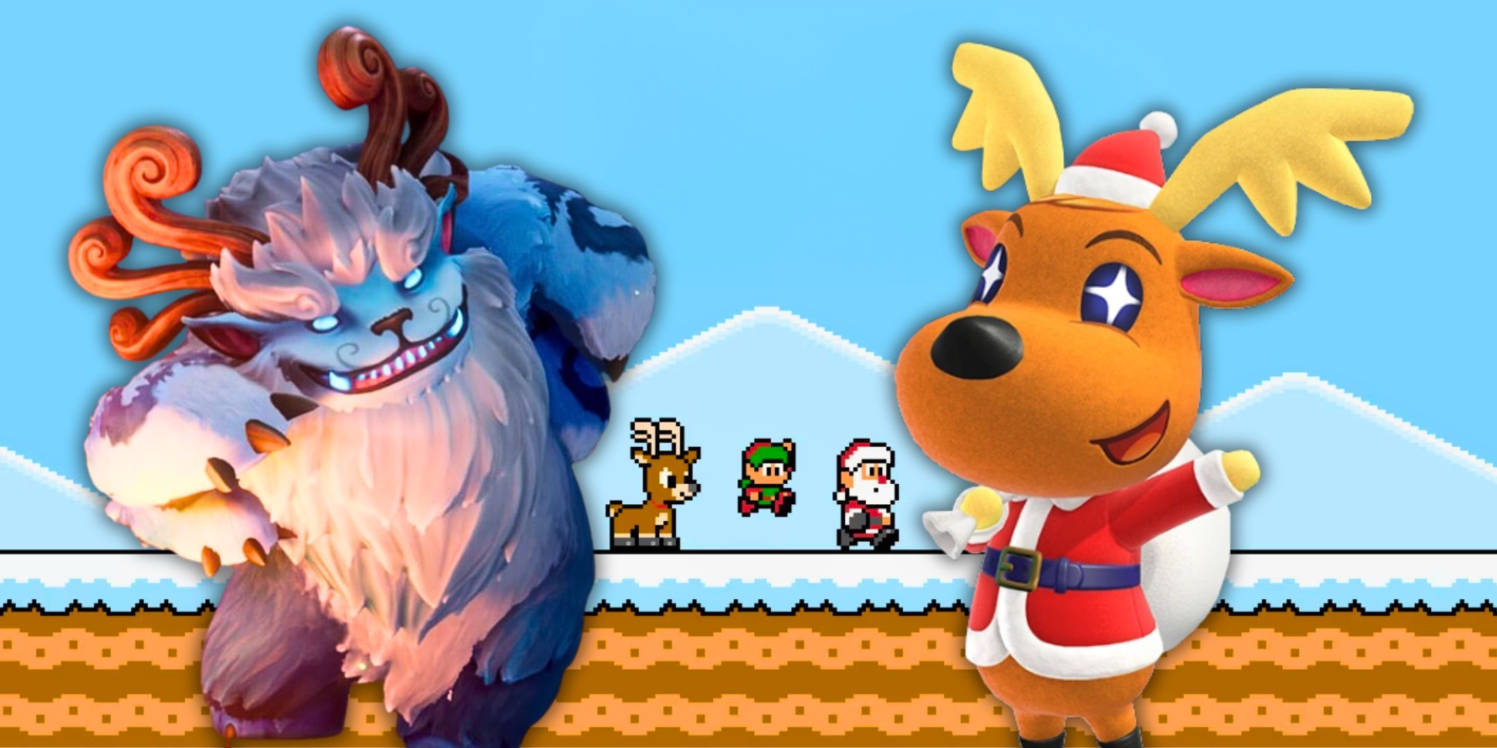 Christmas Nintendo Switch Games collage with yeti from Song Of Nunu, Jingle from Animal Crossing, and characters from The Legend of Santa