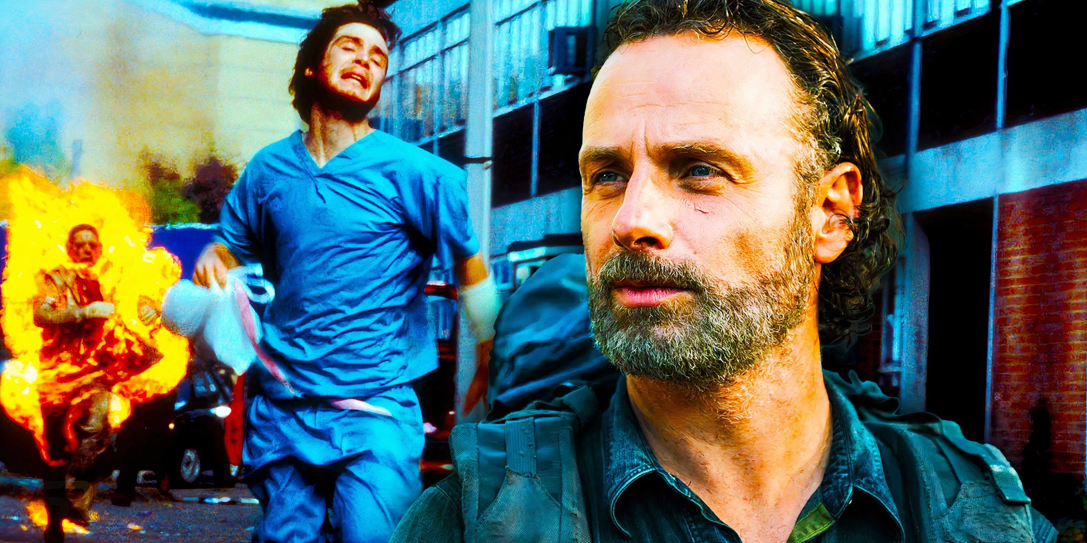 Cillian Murphy as Jim running from someone on fire in 28 Days Later next to Andrew Lincoln smirking as Rick Grimes in The Walking Dead