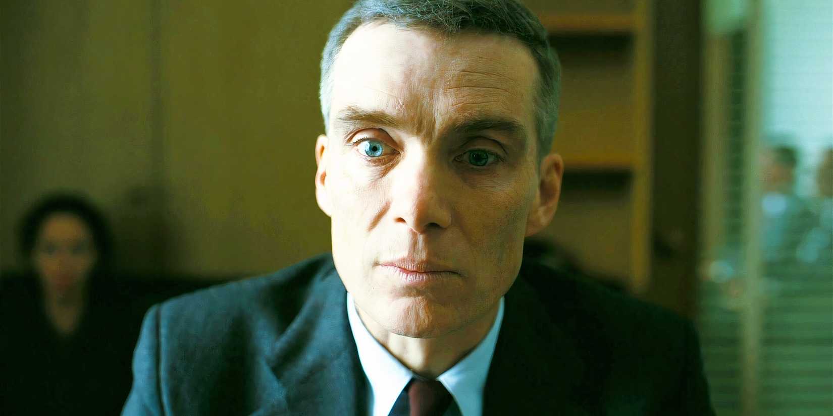Cillian Murphy as J Robert Oppenheimer looks broken during his hearing in Oppenheimer