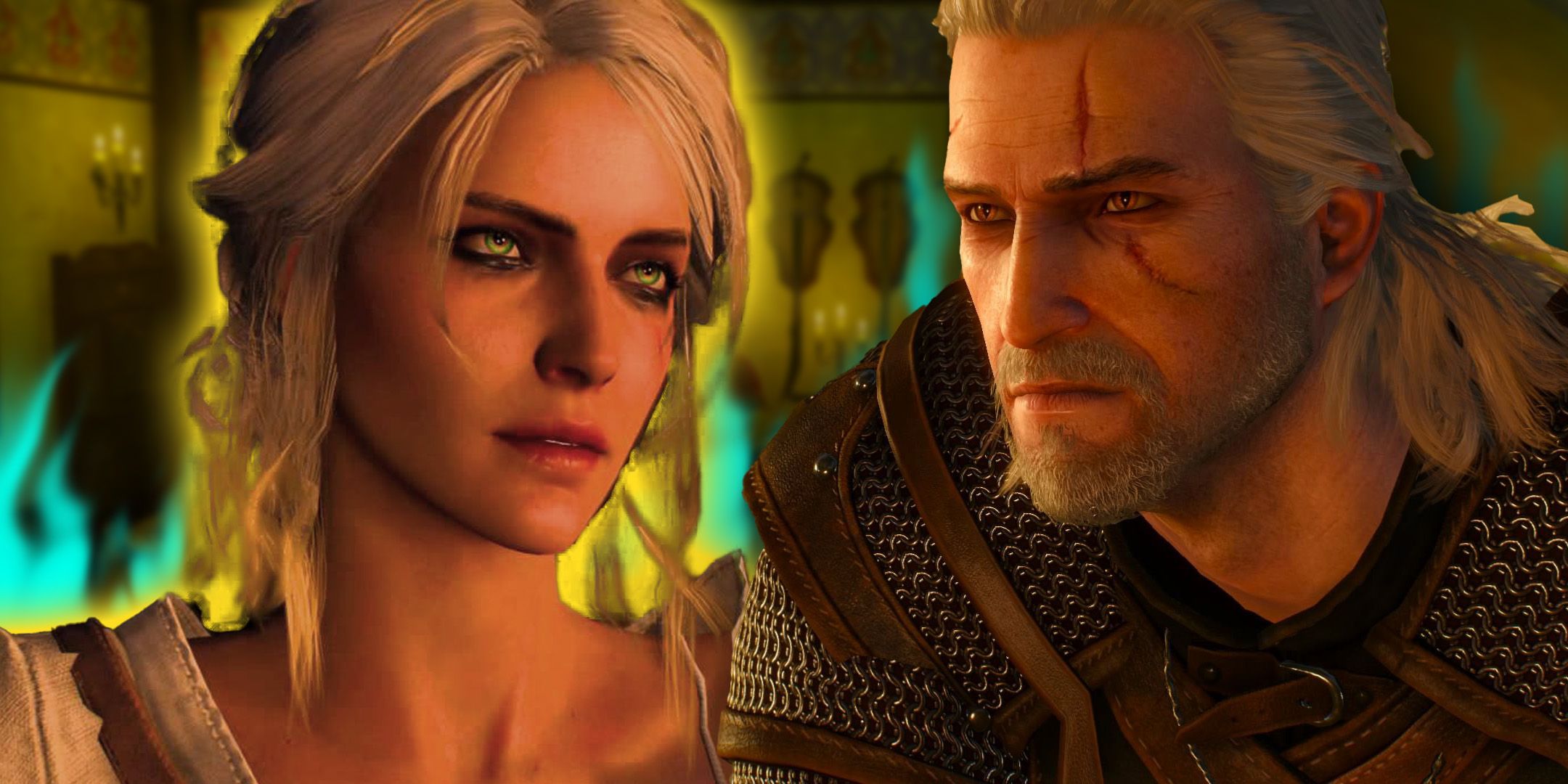 Ciri and Geralt from The Witcher in front of a tavern.