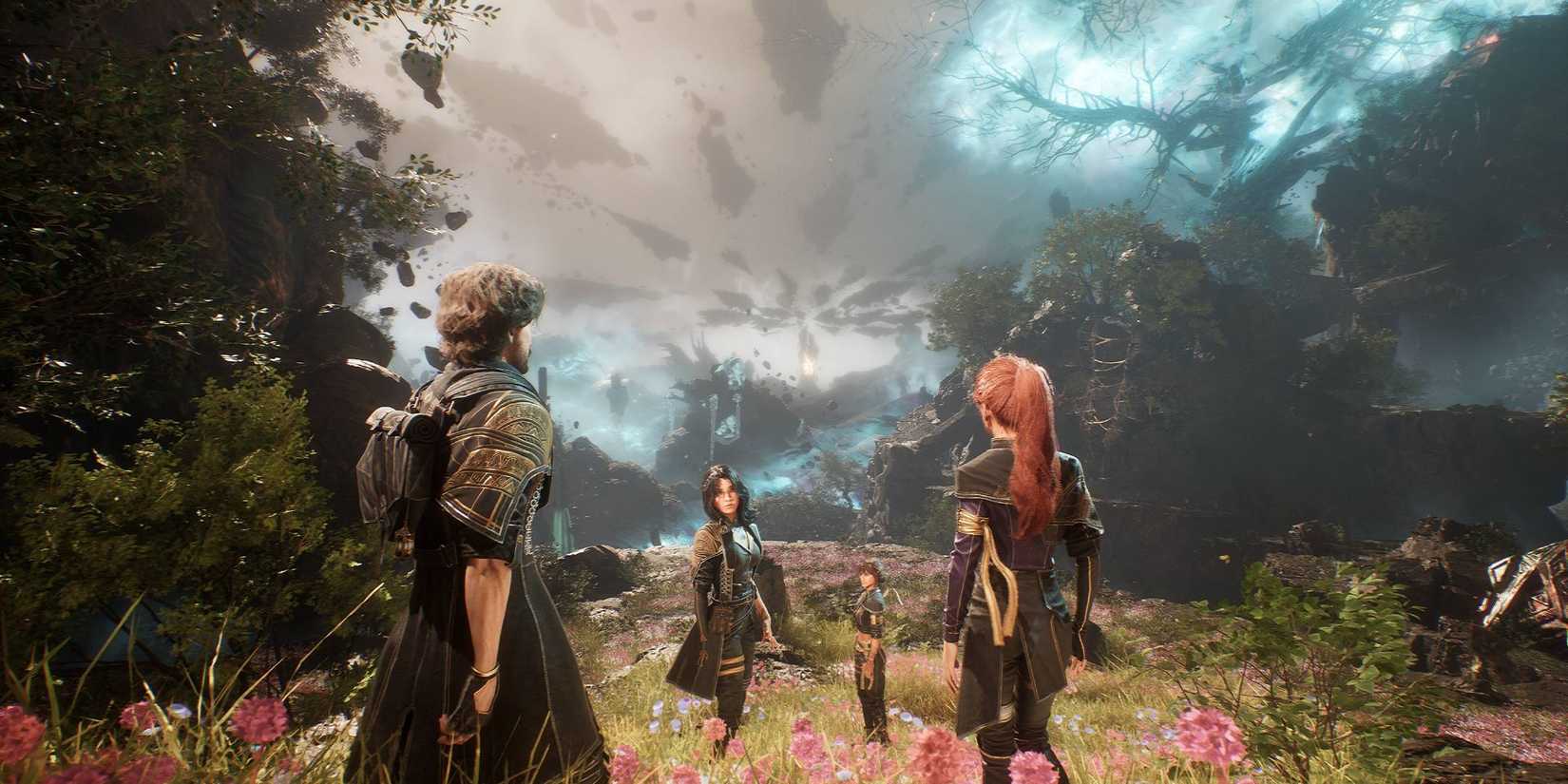 The cast of Clair Obscur standing in a field of flowers.