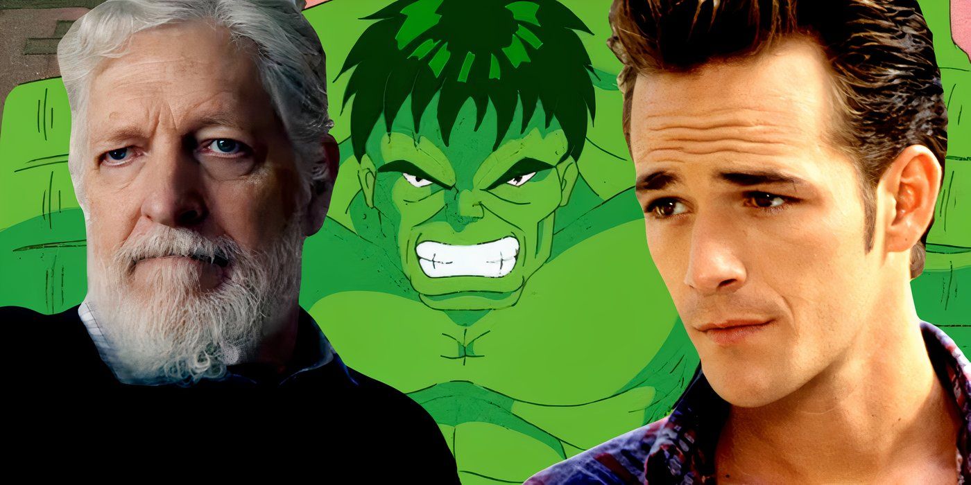 Clancy Brown and Luke Perry in front of the Incredible Hulk the animated series