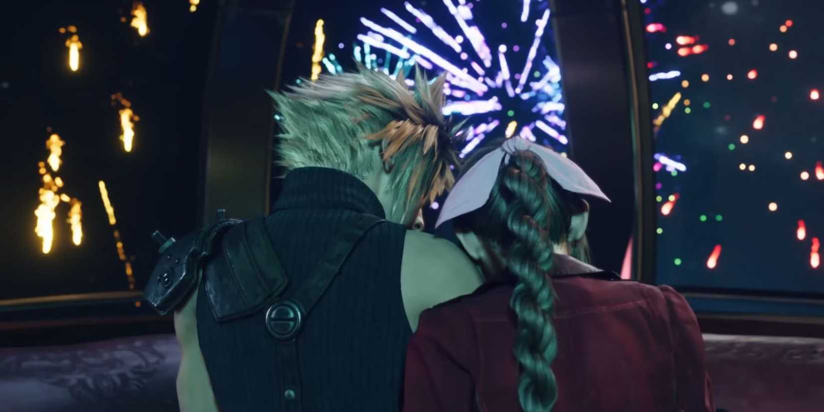 Cloud and Aerith riding the skywheel and watching the fireworks in Final Fantasy 7 Rebirth