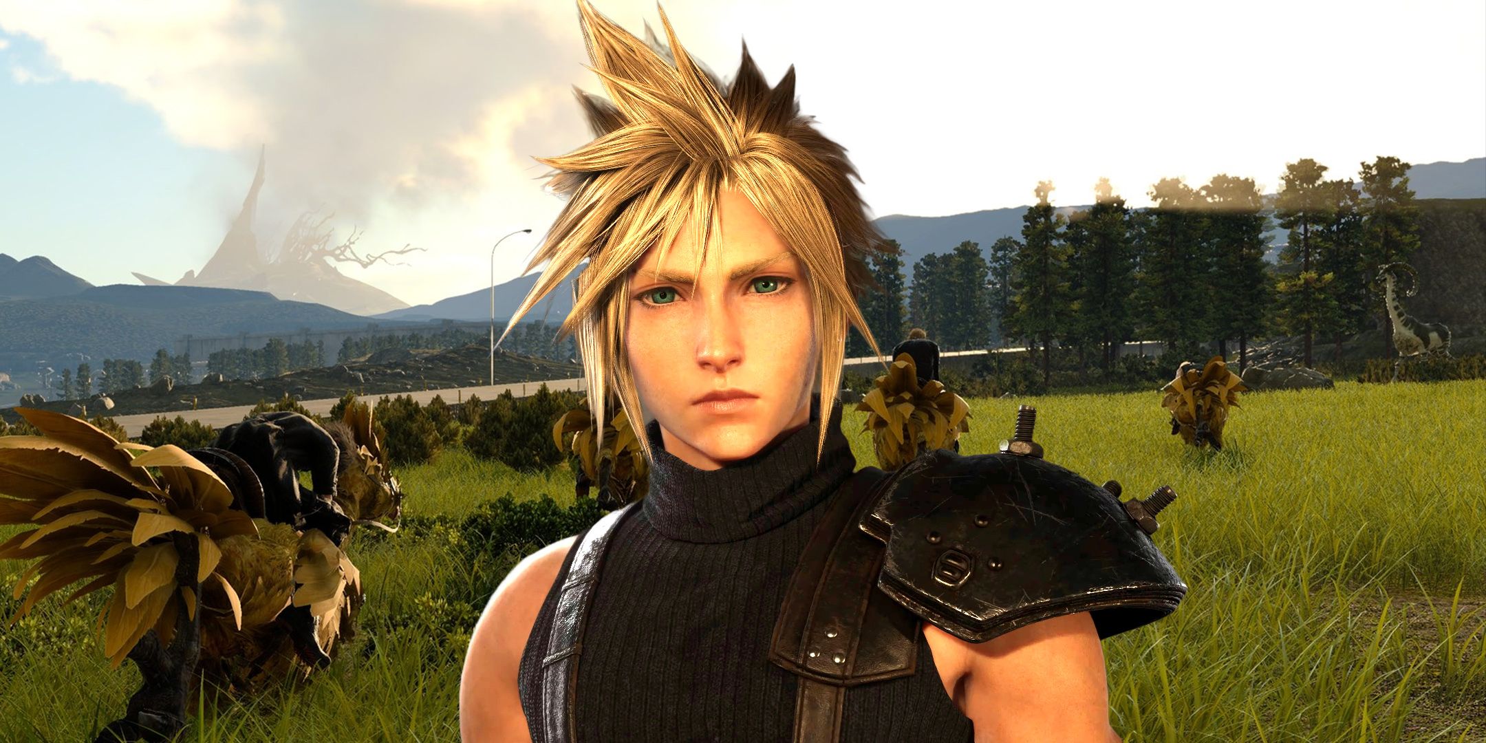 Cloud from FF7 Rebirth in front of gameplay from Final Fantasy 15