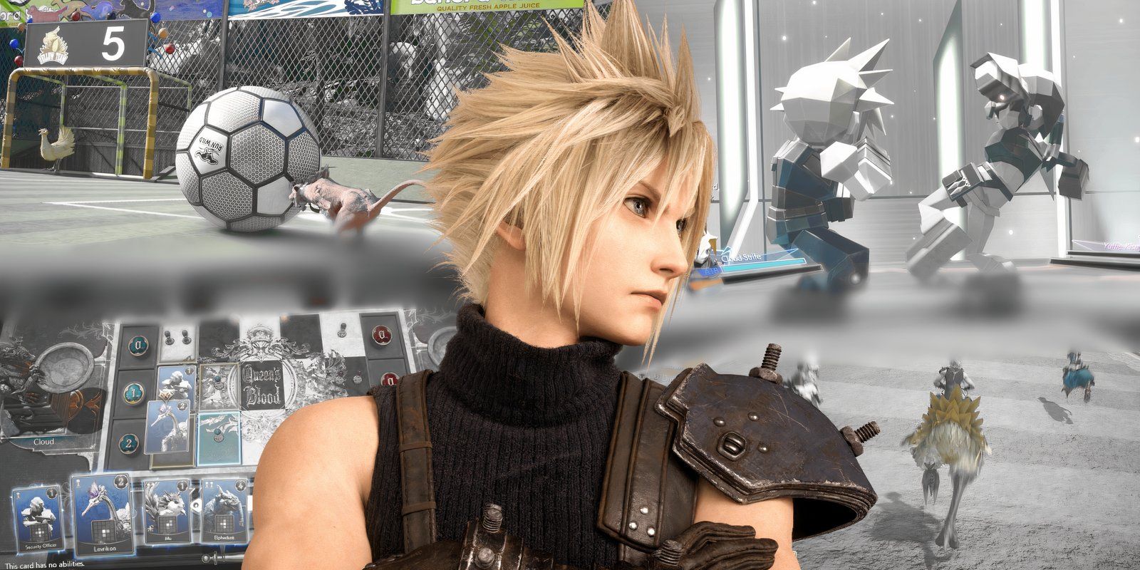 Cloud Strife looking thoughtful in front of shots of several minigames from FF7 Rebirth