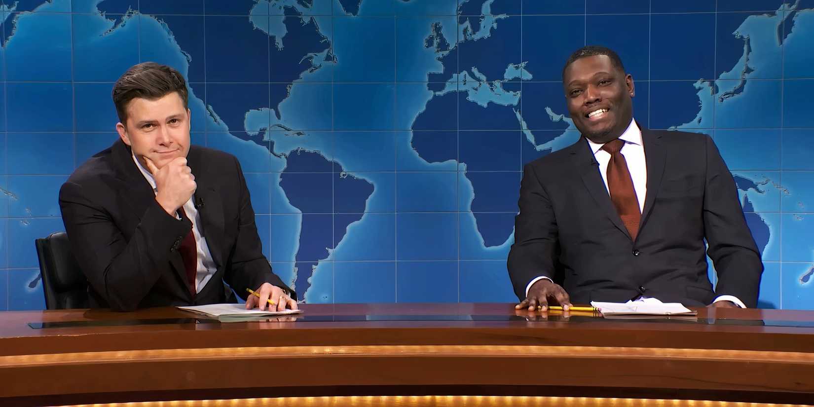 Colin Jost and Michael Che during Weekend Update on Saturday Night Live