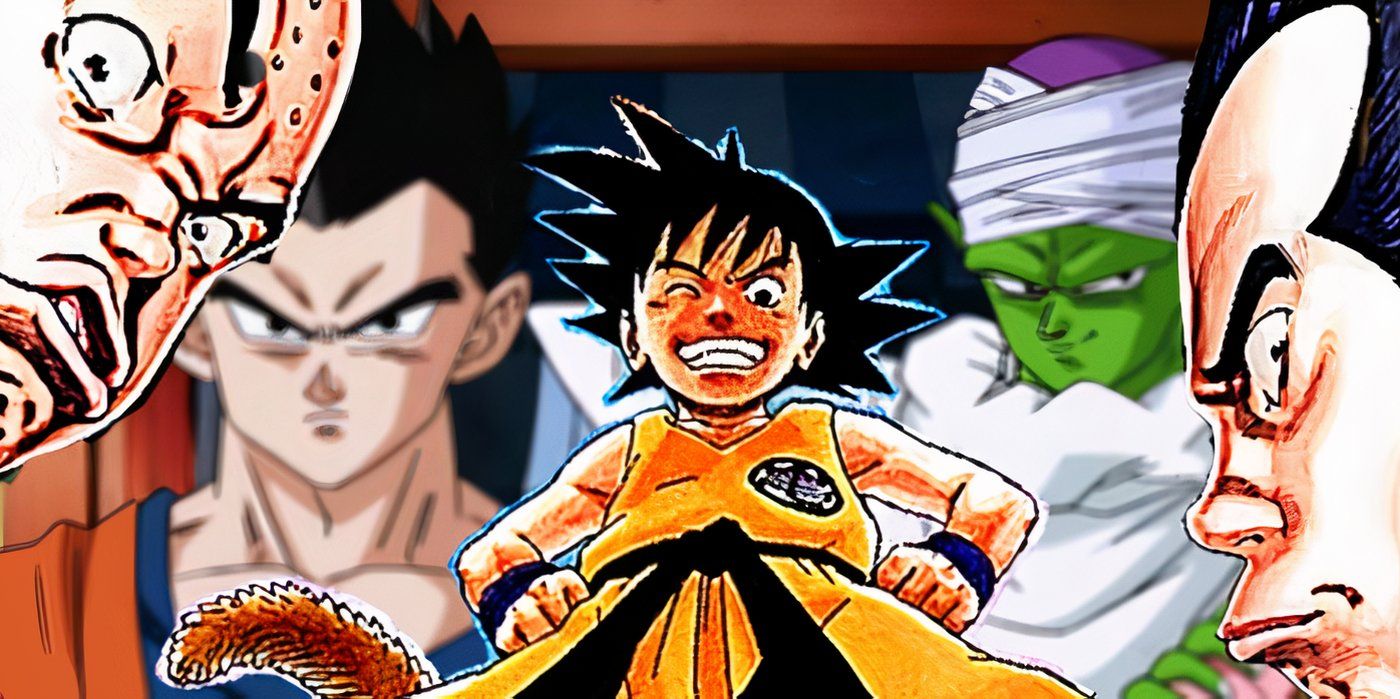 Collage of Dragon Balls's Goku, Vegeta, Gohan, Piccolo, and Krillin