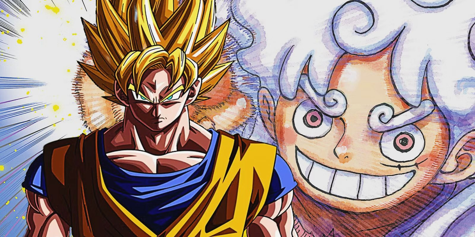 Collage of Goku in Super Saiyan form and Luffy in Fifth Gear form
