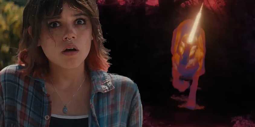 Collage of Jenna Ortega and a unicorn in Death of a Unicorn.