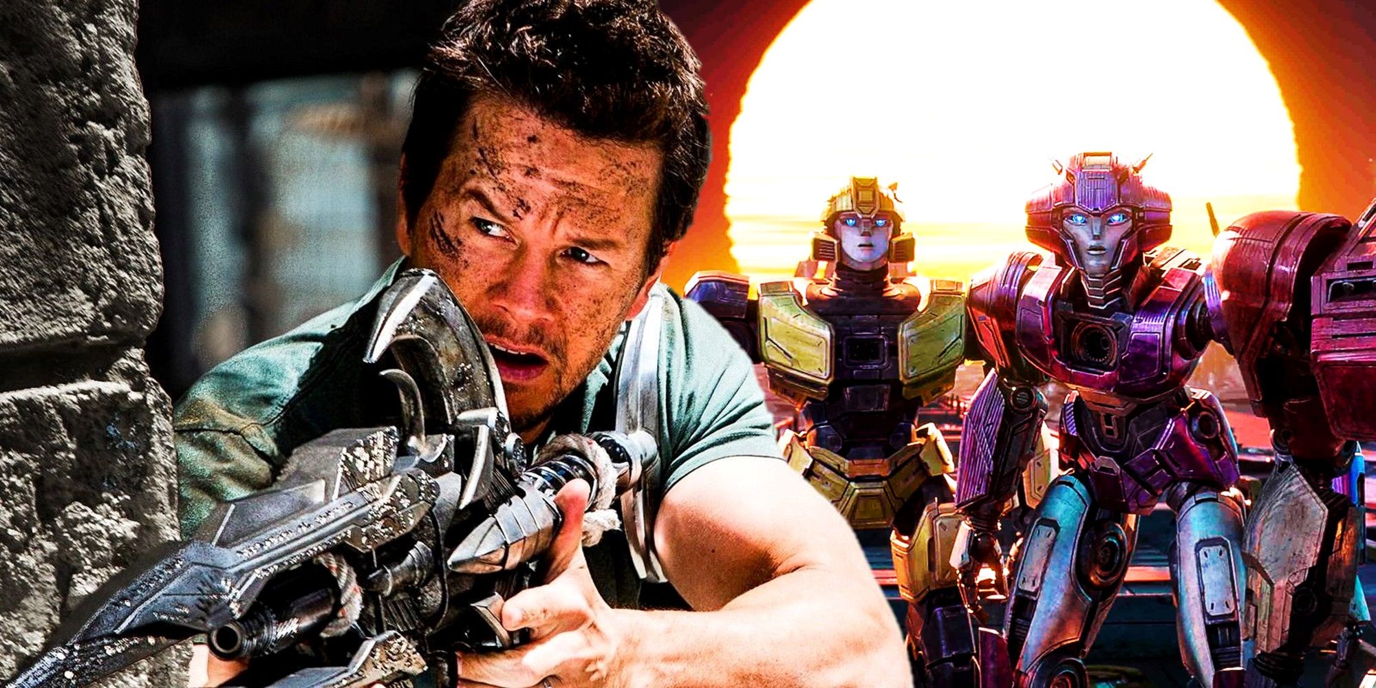 Collage of Mark Wahlberg in Transformers Age of Extinction and Autobots in Transformers One