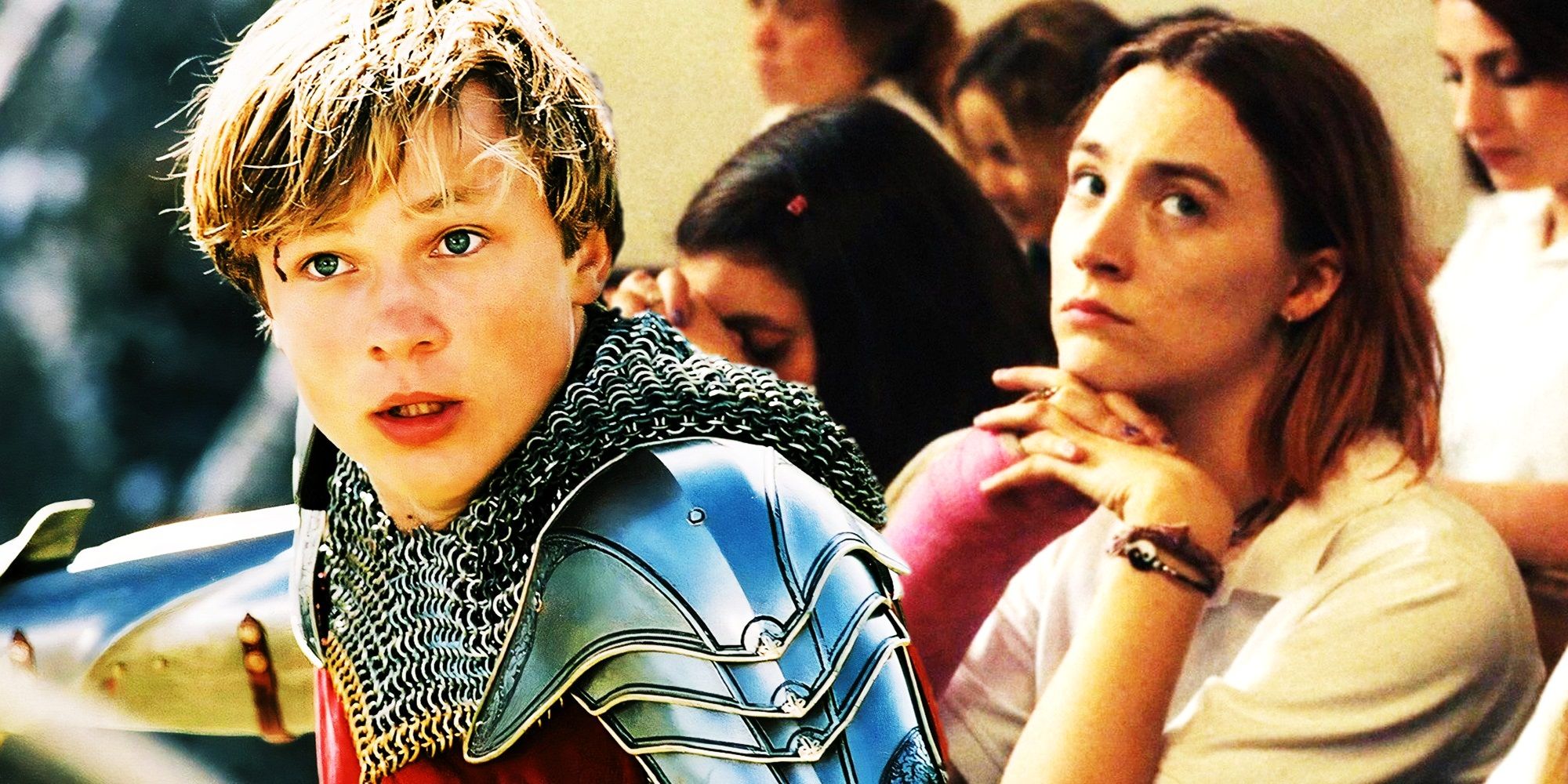 Collage of Peter with a sword in The Chronicles of Narnia and Christine in church in Lady Bird