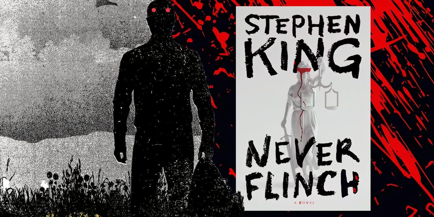 Collage of The Outsider and Never Flinch covers by Stephen King