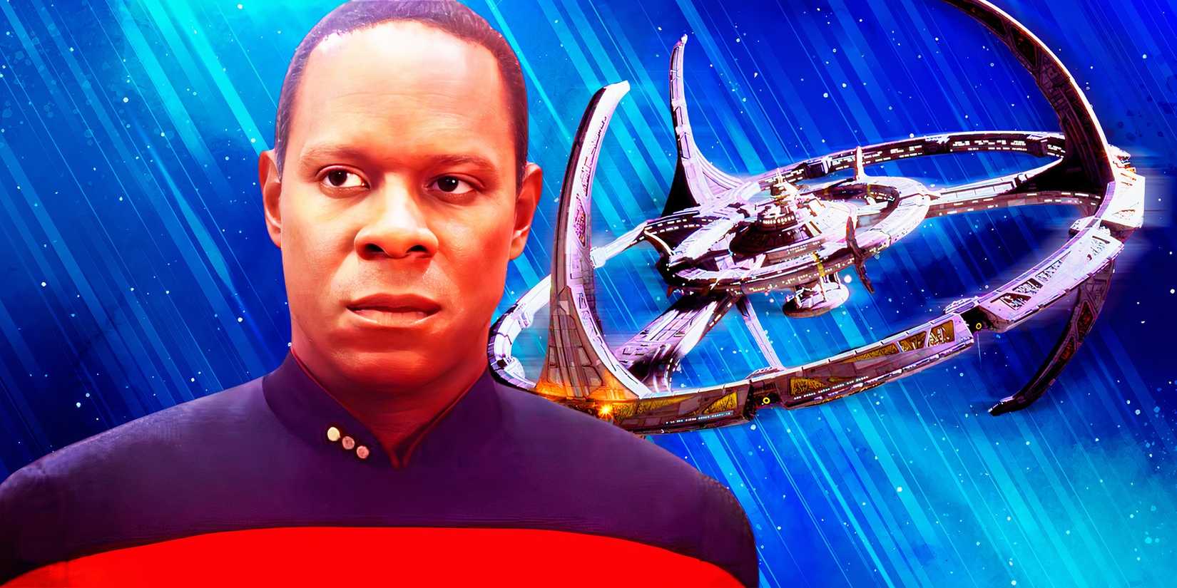Commander Sisko (Avery Brooks with hair and no goatee) in Star Trek Deep Space Nine and the DS9 space station