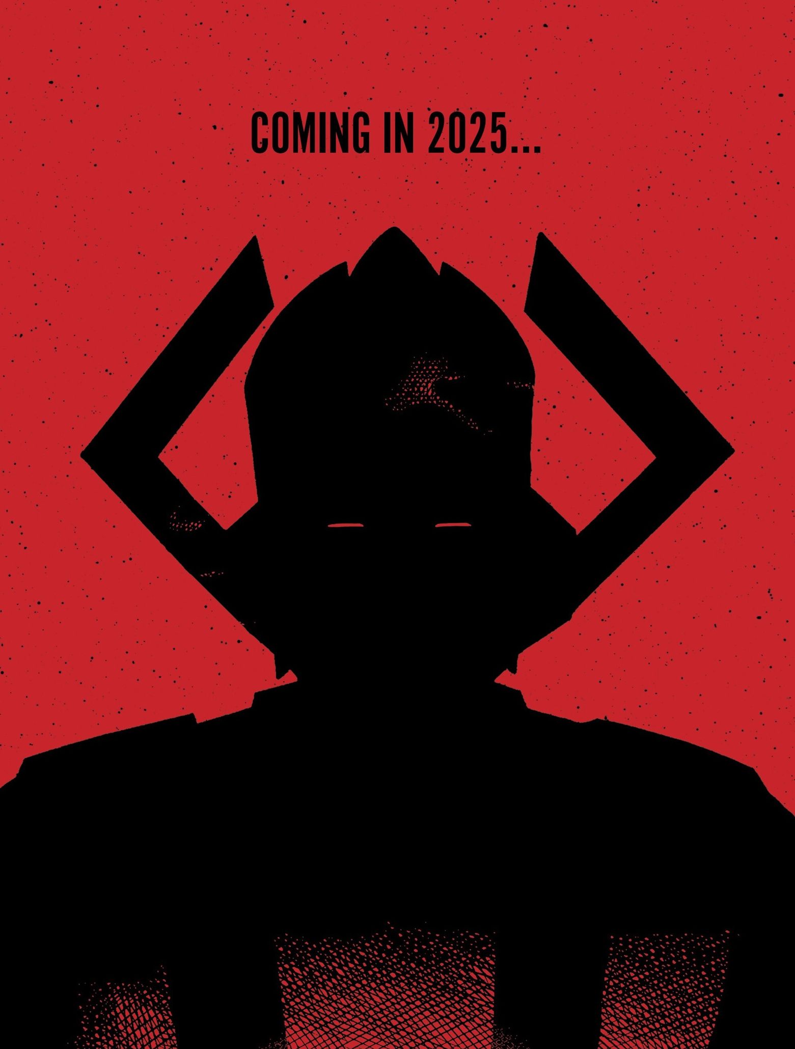 A black silhouette of Galactus on a red background with the text "Coming 2025". 