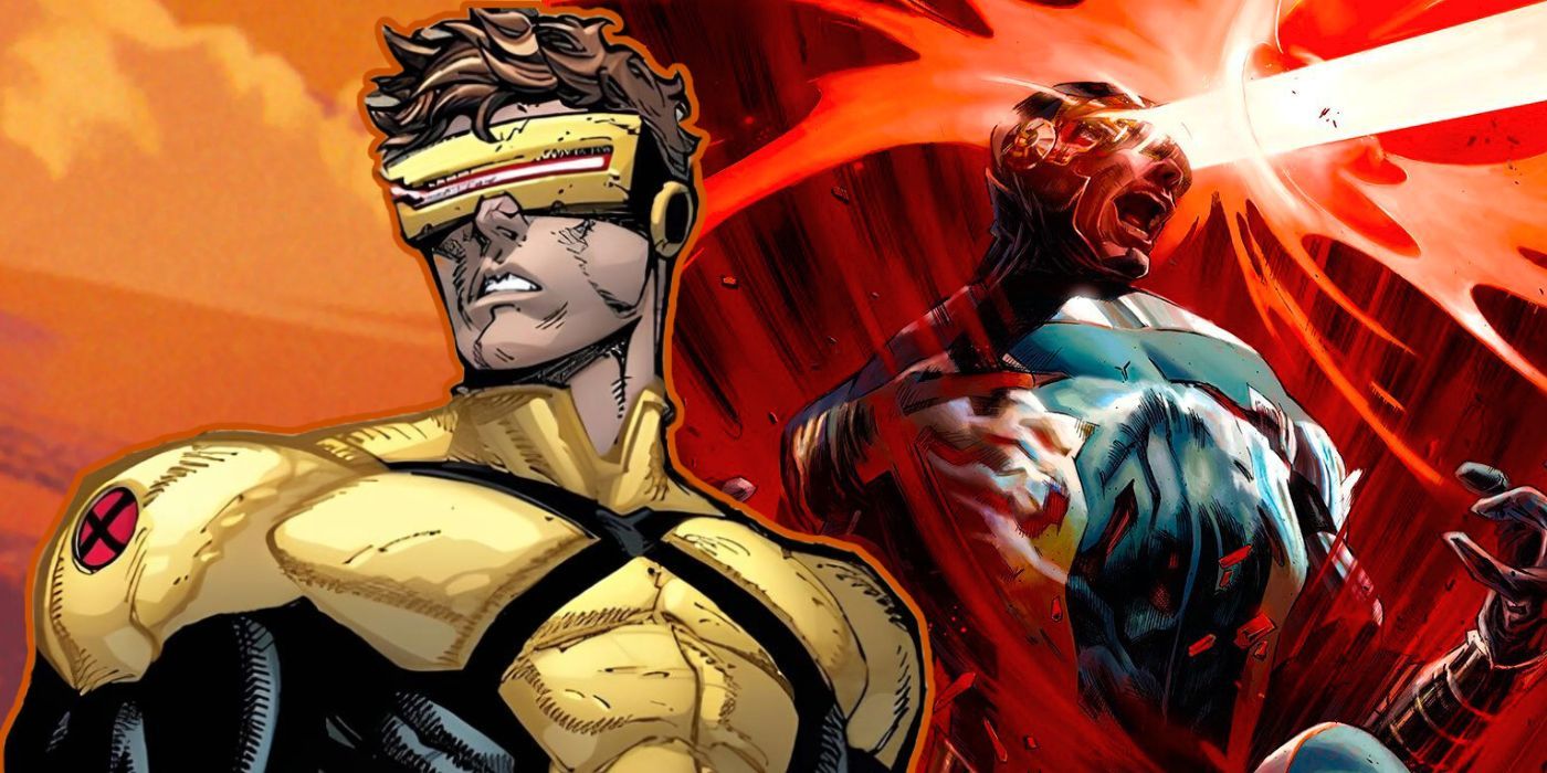 Split image X-Men&rsquo;s Cyclops in front of Cyclops using his optic blast in variant cover