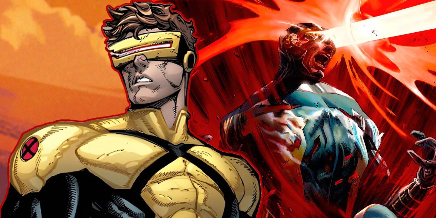 Split image X-Men's Cyclops in front of Cyclops using his optic blast in variant cover