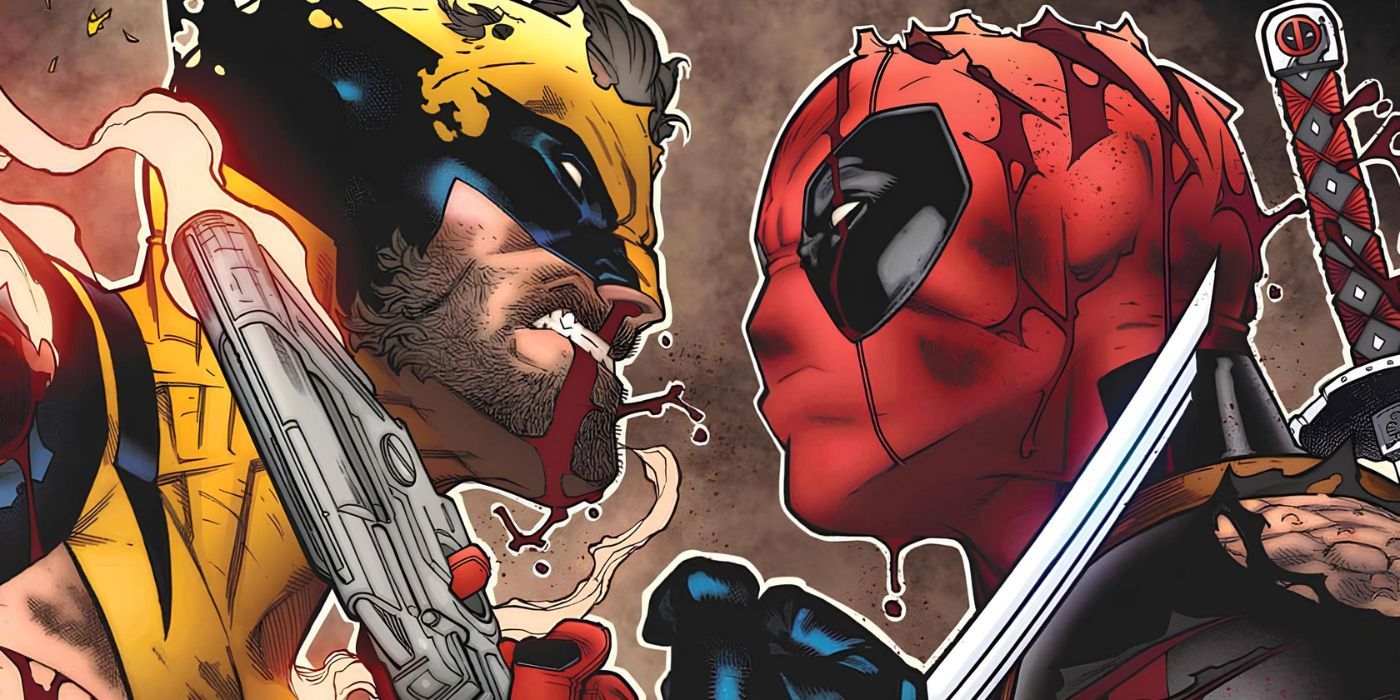 Comic book art: Wolverine and Deadpool face off and fight looking scuffed
