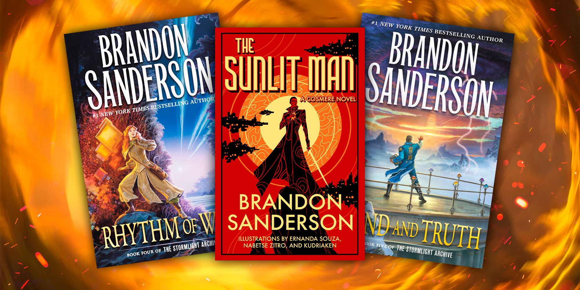 Covers of Rhythm of War, Wind and Truth, and The Sunlit Man