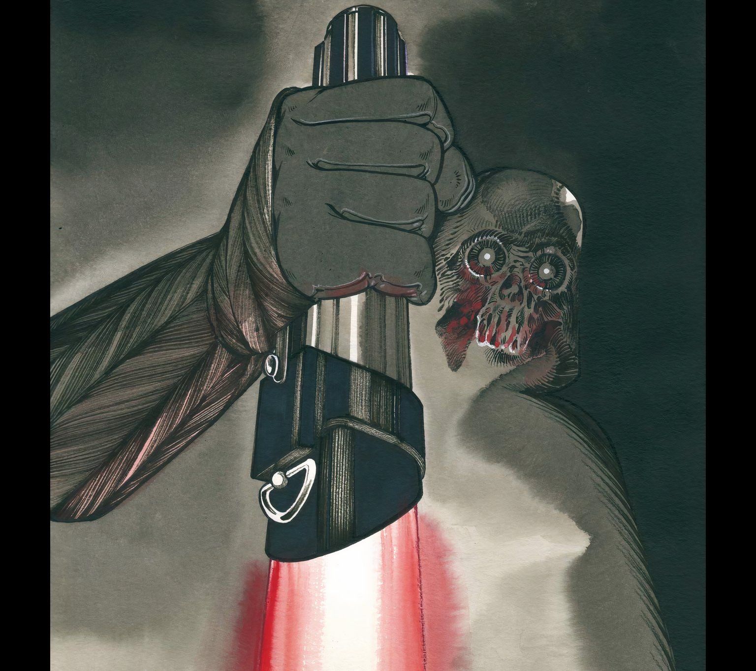 Scary version of Darth Vader holds his lightsaber down