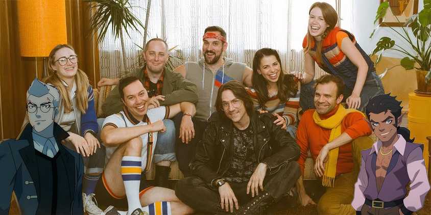 Critical Role's cast surrounded by some of their characters
