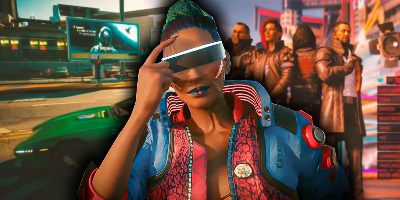 A Cyberpunk 2077 character in front of a split background showing different scenes in Night City.