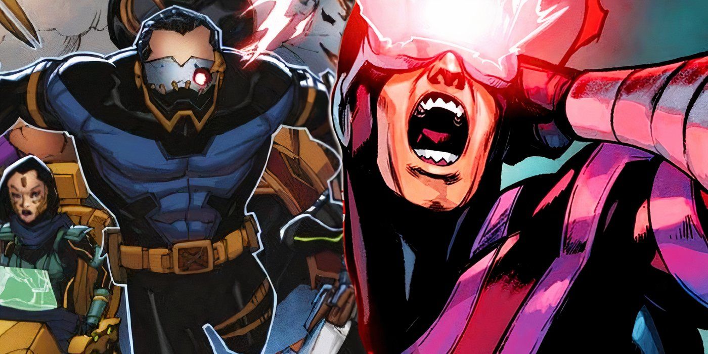 Cyclops 2099 to the left jumping into action and Cyclops to the right firing an optic blast