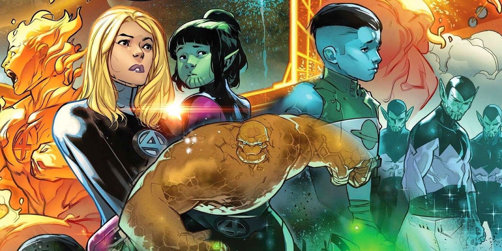 Empire: Fantastic Four variant art featuring The Thing, his children, Johnny and Sue, and Skrulls 