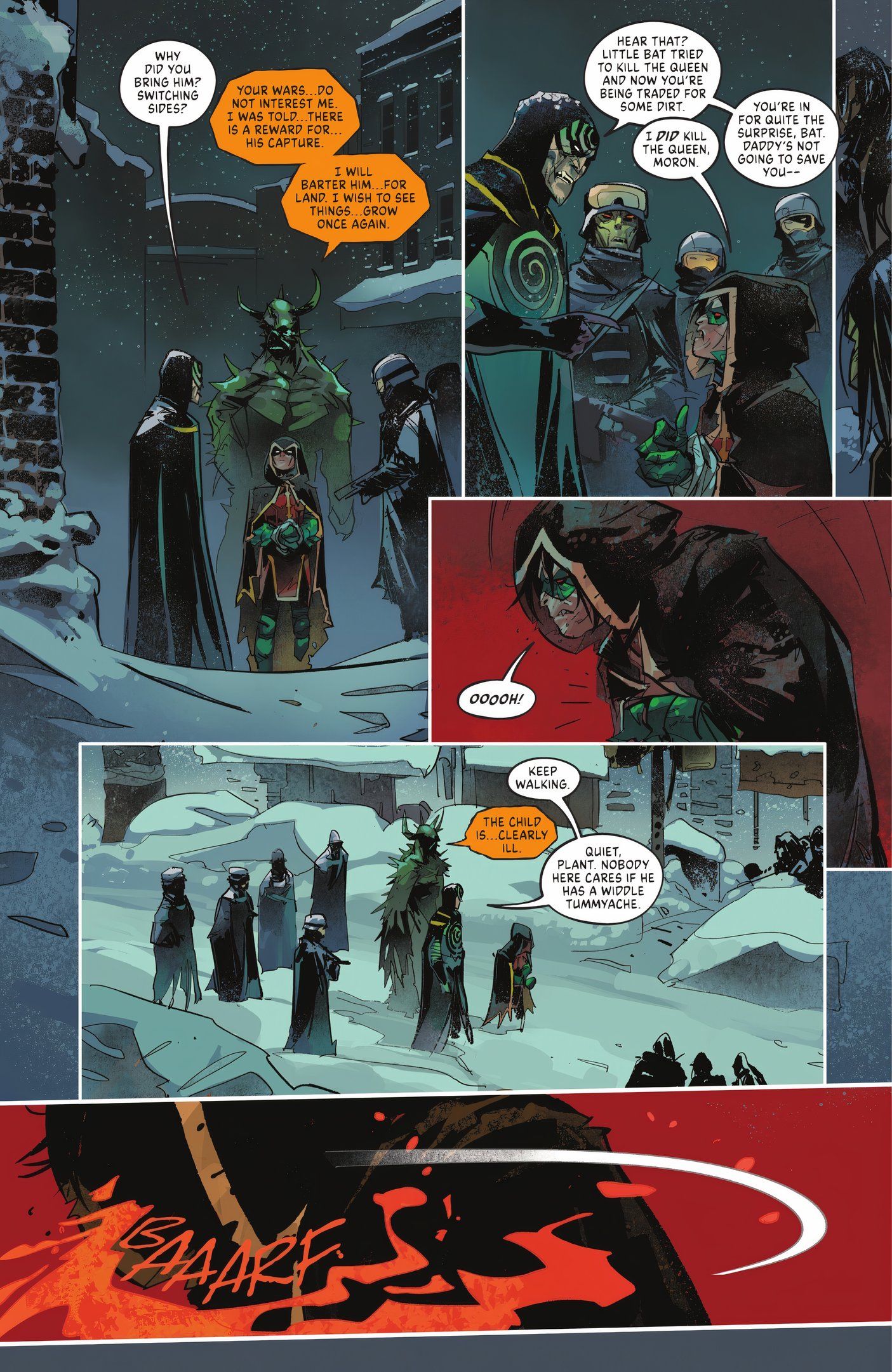 Comic book page: Damian Is Sick And Vomits On The Floor