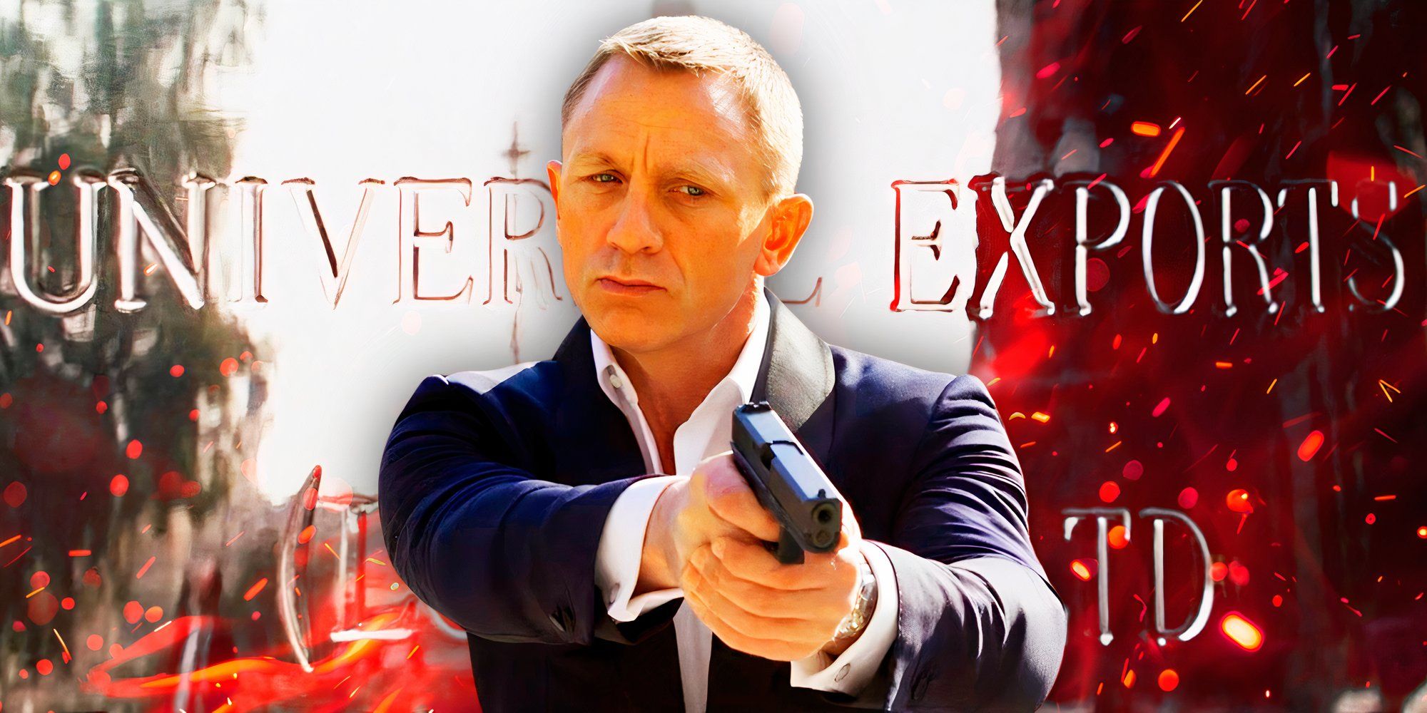 Daniel Craig as James Bond pointing a gun in front of the Universal Exports logo