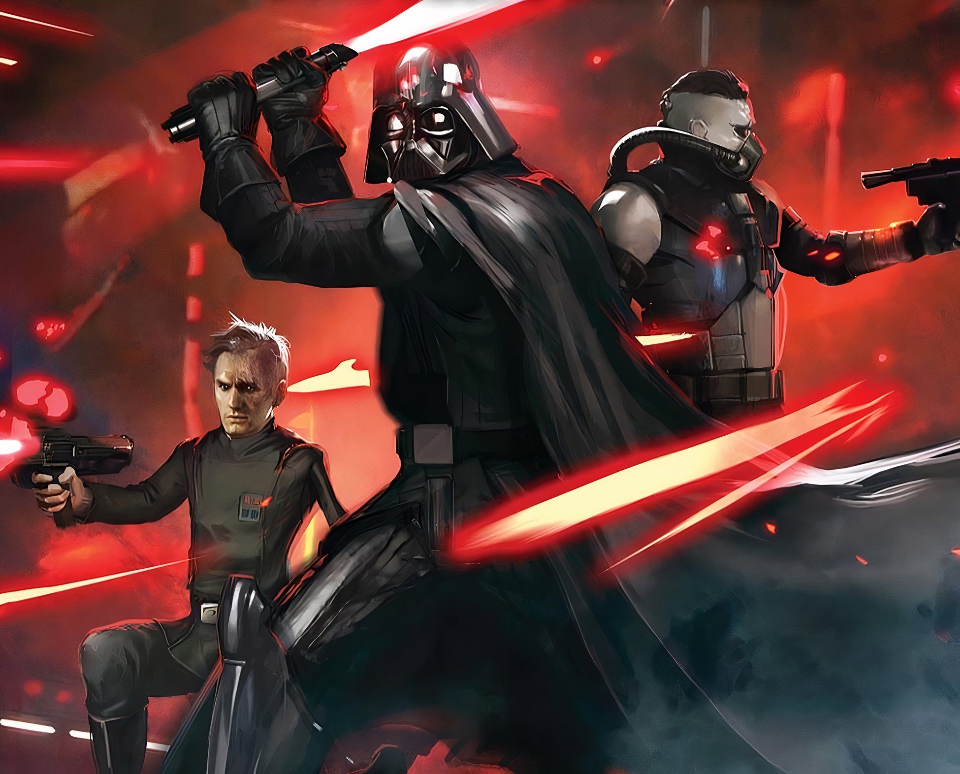 Darth Vader, Lieutenant Tohm, and Moff Trachta defend laser fire