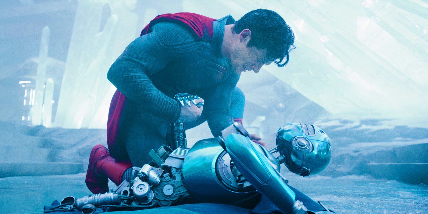 David Corenswet's Superman in the Fortress of Solitude with a robot in Superman