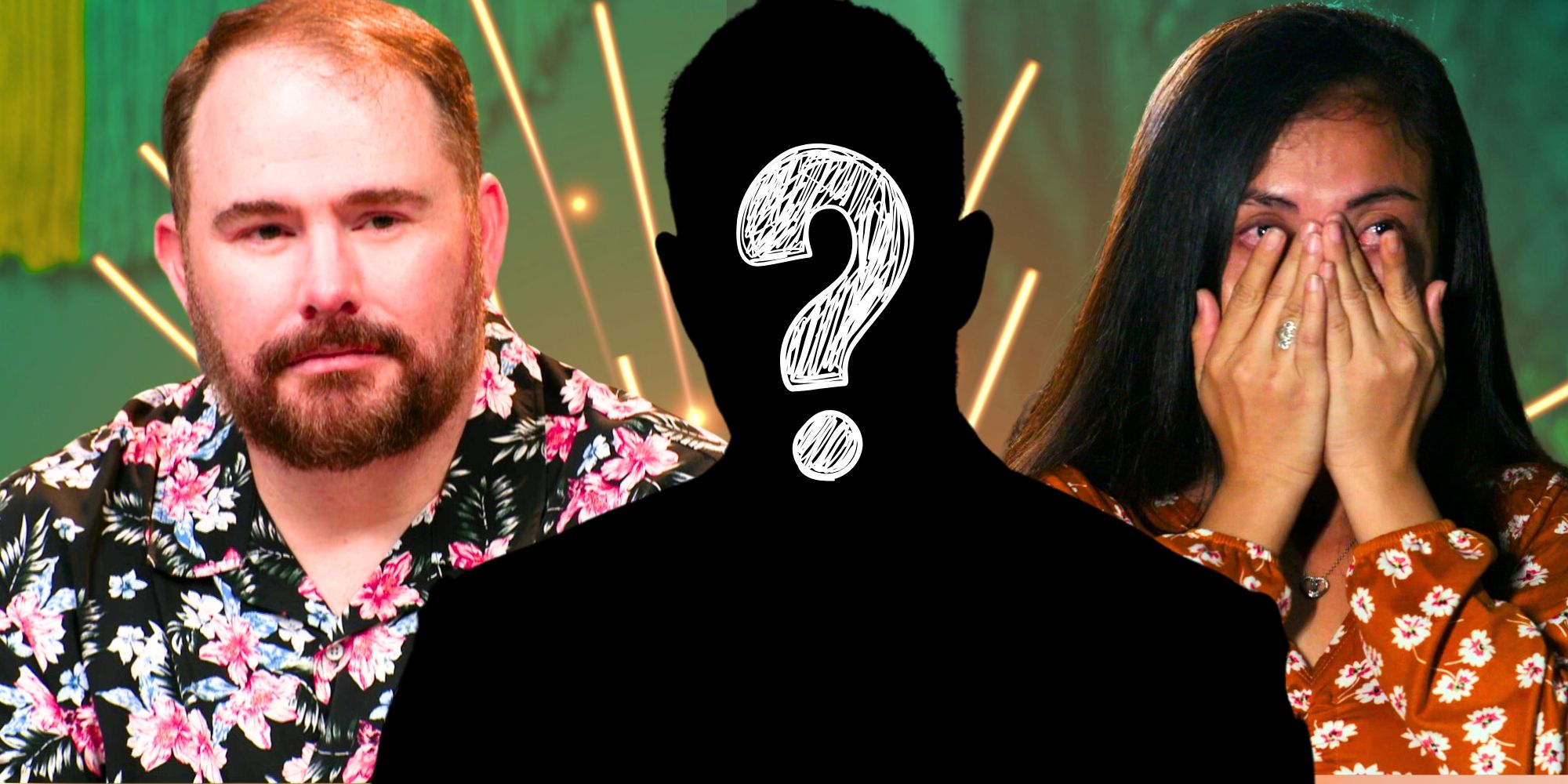 90 Day Fiance&rsquo;s David Dangerfield is serious and Sheila Mangubat holds her face while upset, in between a mystery man.