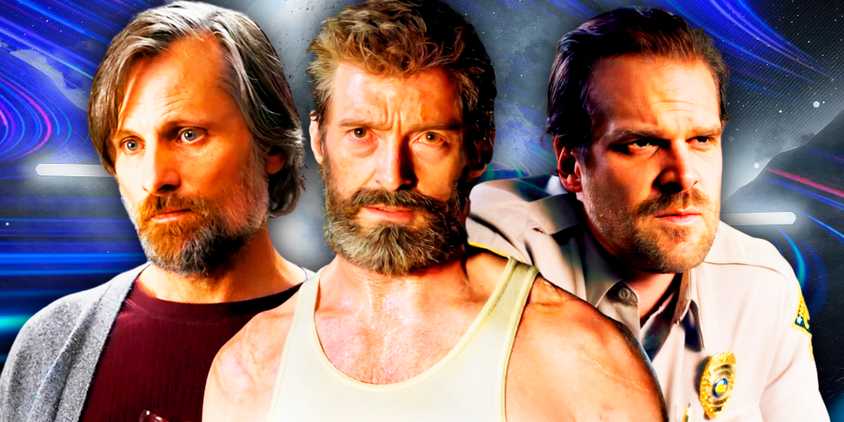 David Harbour to the right, Viggo Mortensen to the left, and Hugh Jackman in the middle in front of a background showing space