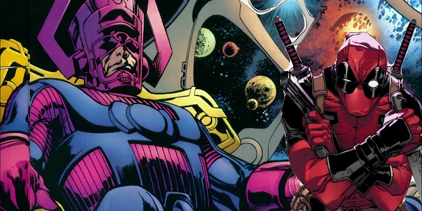 Deadpool and Galactus from Marvel Comics side by side.