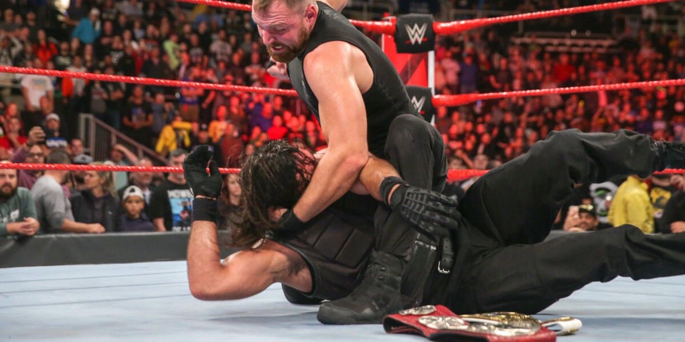 Dean Ambrose do The Shield ataca Seth Rollins após vencer o WWE Raw Tag Team Championship e depois que Roman Reigns anunciou seu diagnóstico de leucemia