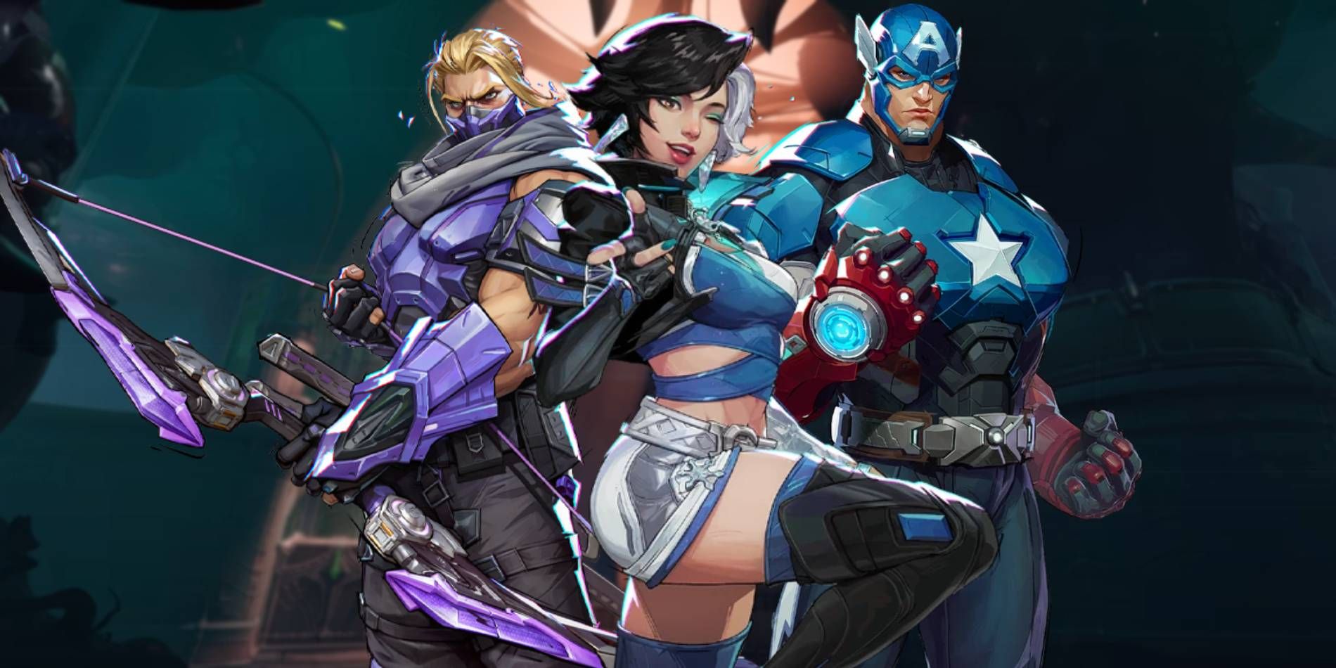 Marvel Rivals Luna Snow, Capitão América e Hawkeye no mapa Klyntar