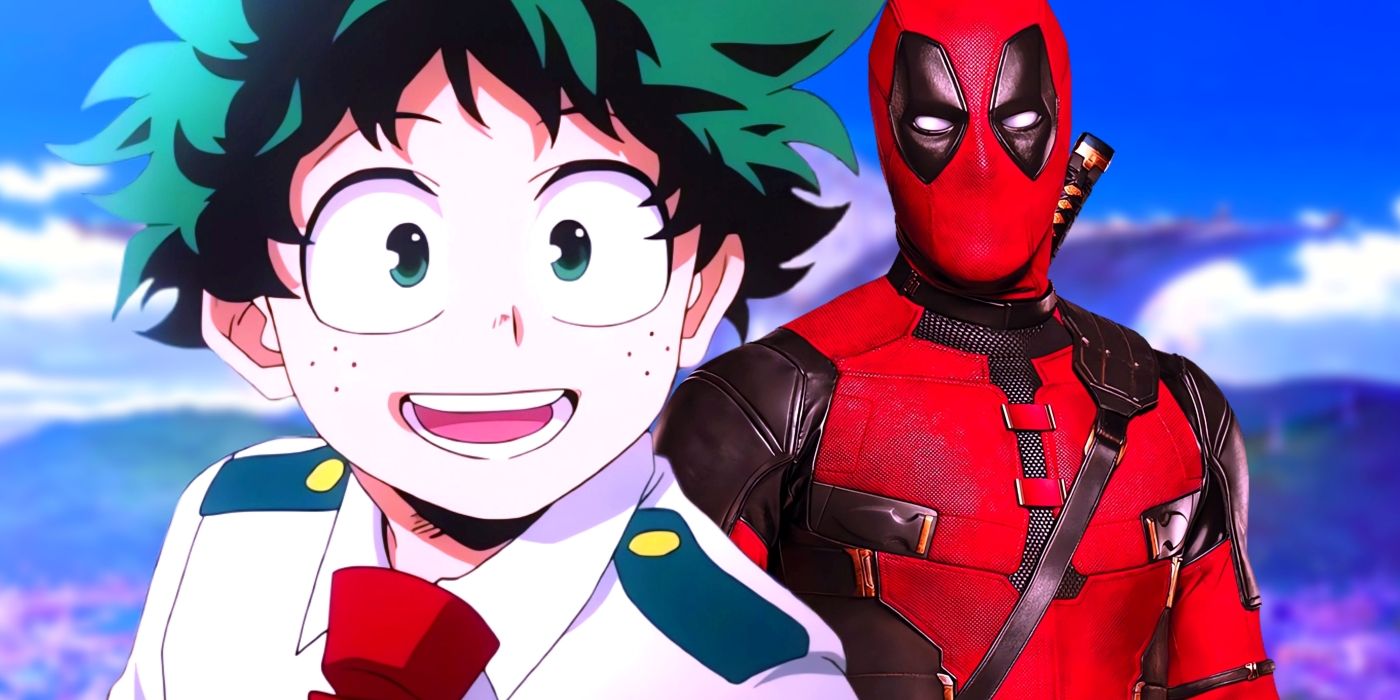 Deku smiling while Wade stands behind him with his Deadpool suit on. The fortress of the You're Next movie can be seen. 