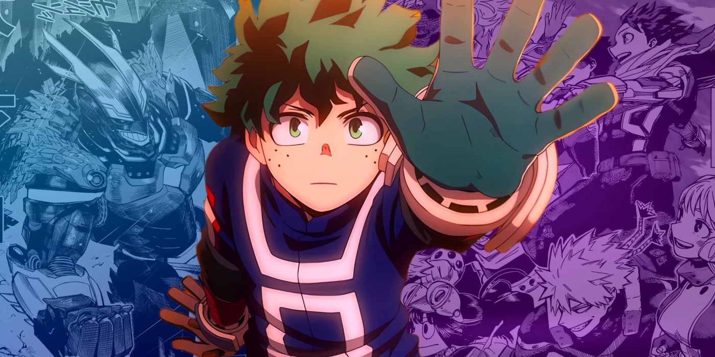 Deku estende a mão para o céu. Atrás dele, Armored All Might e seu epílogo podem ser vistos. 