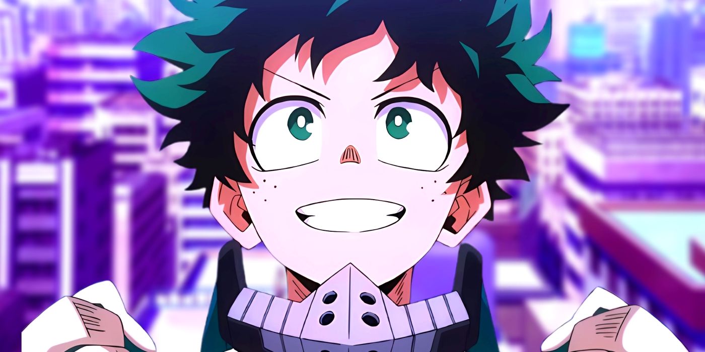 Deku looking at the horizon with his fists clenched. Behind him, Mustafu City can be seen. 