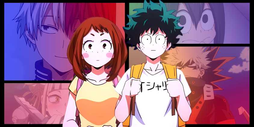 Deku, Ochako, and their friends who often get paired with the protagonist. 